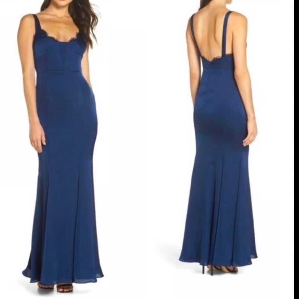 Fame and Partners Navy Blue Ara Satin Gown Size 8